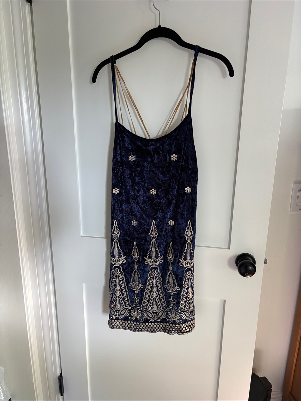 Lenni Embellished Navy Velvet Mini Dress with Gold Straps